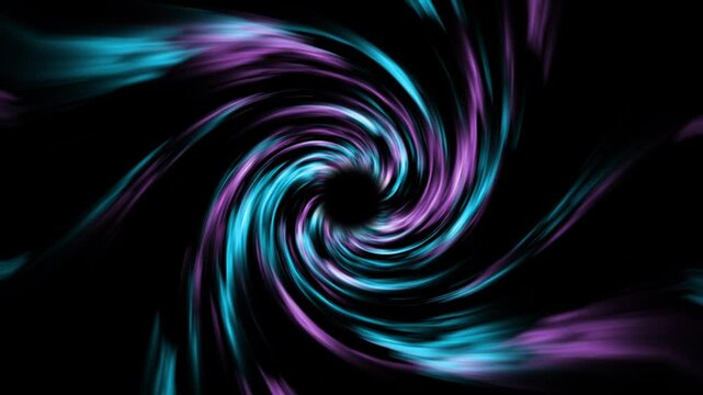 Hypnotic 4K spiral vortex animation featuring vivid purple and blue neon light trails swirling around a dark center. This looped energy swirl is perfect for sci-fi visuals, tech intros, digital events