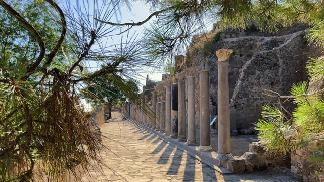 Ruins of the ancient Roman port city of Siedra in Alanya, Antalya, Turkey. The street and ruins of the ancient abandoned ancient city of Siedra on the Mediterranean coast. 4К	
