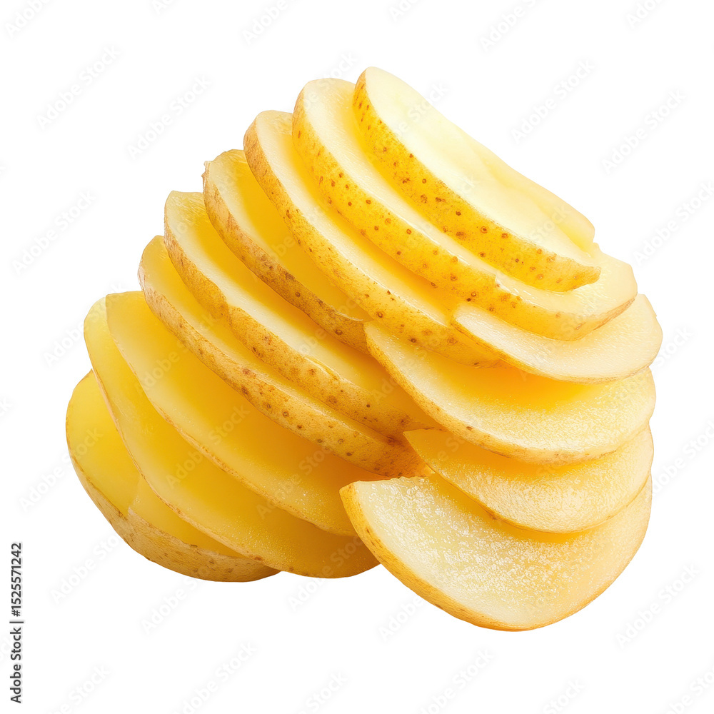 Poster potato slices arranged in a stacked formation on a pristine transparent background, potato slice iso