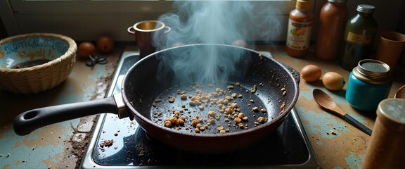 Burnt pan with rising smoke on kitchen stovetop, culinary mishap