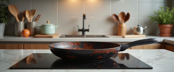 Burnt pan on a modern stovetop, kitchen chaos and imperfection