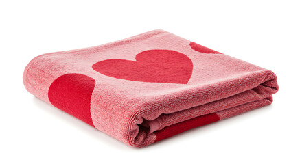 A beach towel with a heart print folded neatly, isolated on white.