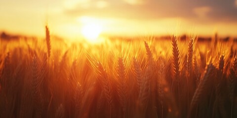 Sun casting golden light on wheat field at sunset, creating silhouette effect.