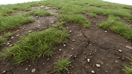 Obraz premium Cracked dirt ground with patches of green grass and small stones