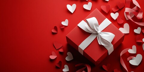 Red gift box with hearts and ribbon.