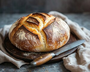 Artisan Sourdough Loaf on Wooden Board with Knife, Rustic Food Photography