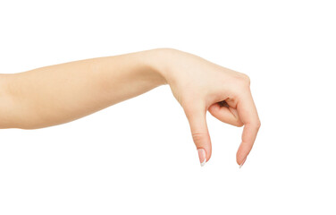 Female hand making gesture while grab some items isolated on white background, close-up, cutout,...