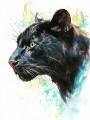  illustration of a black panther's face in profile, delicate brushstrokes capturing the sleek fur and glimmering eyes
