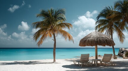 Tropical vacation settings are epitomized by beach chairs, an umbrella, and palm trees lining the shore .