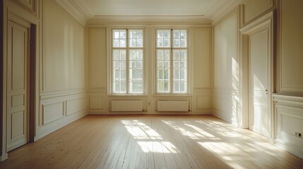 Obraz premium Sunlit empty room with hardwood floors, tall windows, and classic molding