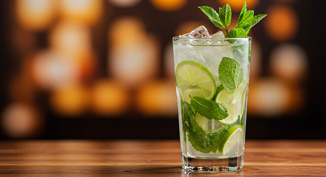 A classic mojito cocktail with lime, mint leaves, and crushed ice, in a tall glass.