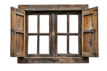 Old wooden window isolated on transparent or white background, showcasing vintage charm and rustic texture. Perfect for architecture, home decor, restoration, and heritage projects.
