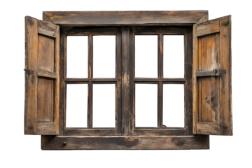 Old wooden window isolated on transparent or white background, showcasing vintage charm and rustic texture. Perfect for architecture, home decor, restoration, and heritage projects.