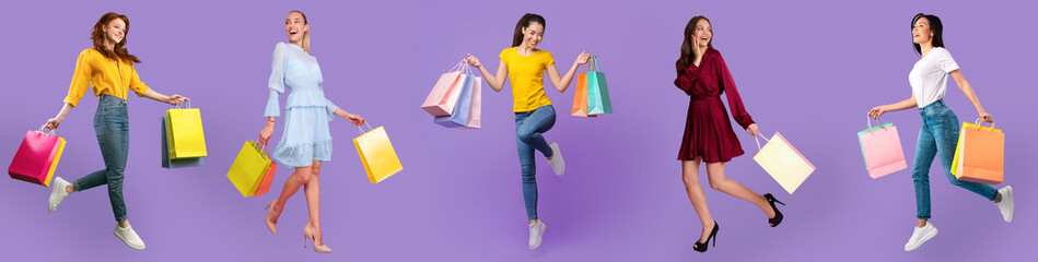 Wow, Shopping Time. Full body length shot of five excited diverse women walking, running and flying...