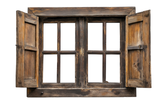 Old wooden window isolated on transparent or white background, showcasing vintage charm and rustic texture. Perfect for architecture, home decor, restoration, and heritage projects.