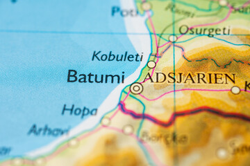 Batumi coastal city on detailed regional map.