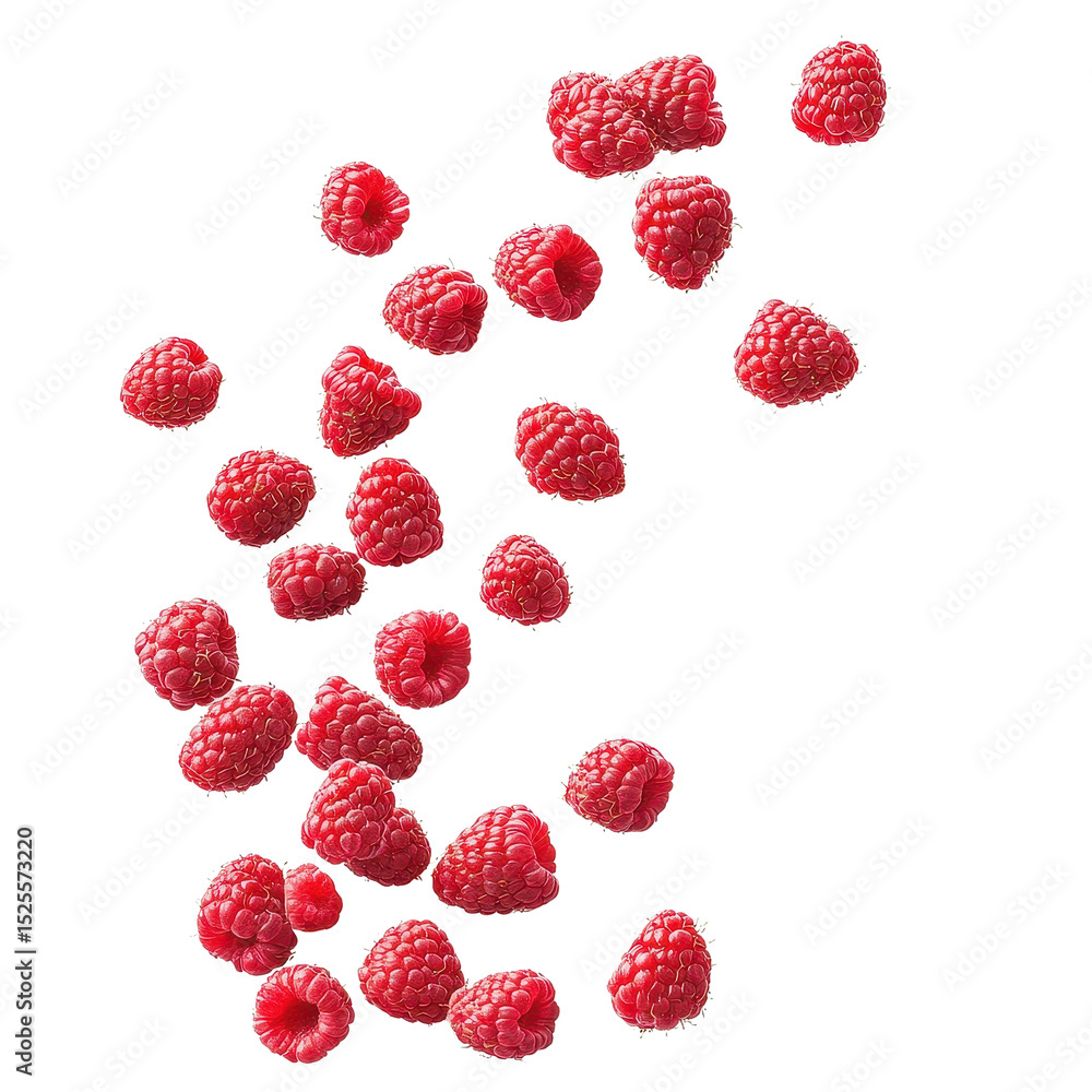 Poster falling raspberries isolated on white background creating a vibrant visual effect for culinary prese
