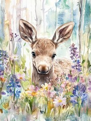 Cute Fawn Standing in Colorful Wildflower Meadow
