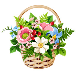 Pink, white, and blue flowers and green leaves in a basket. Colorful wild flowers bouquet isolated on a whtie background. Vector illustration