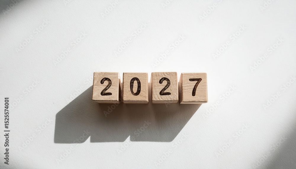 Poster wooden number blocks forming 2027 casting sharp shadows on white textured paper in natural sunlight 