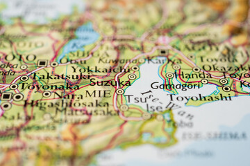 Close up map of Suzuka and surrounding cities.