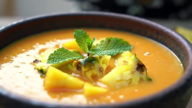 Close up of a bowl filled with orange soup garnished with pineapple chunks and fresh mint leaves