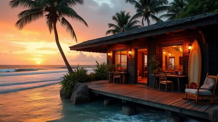 Cozy boho bungalow on the shore of the turquoise ocean at sunset, beautiful traveling background, calm beach summer vacations, idyllic sea landscape  