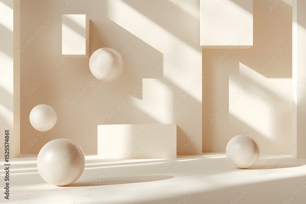 Poster abstract composition featuring soft spheres and geometric shapes in a minimalistic setting with warm