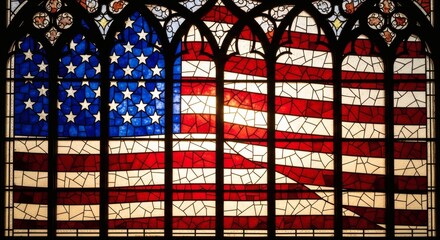 American Flag in Stained Glass Window with Gothic Arch Framing Design