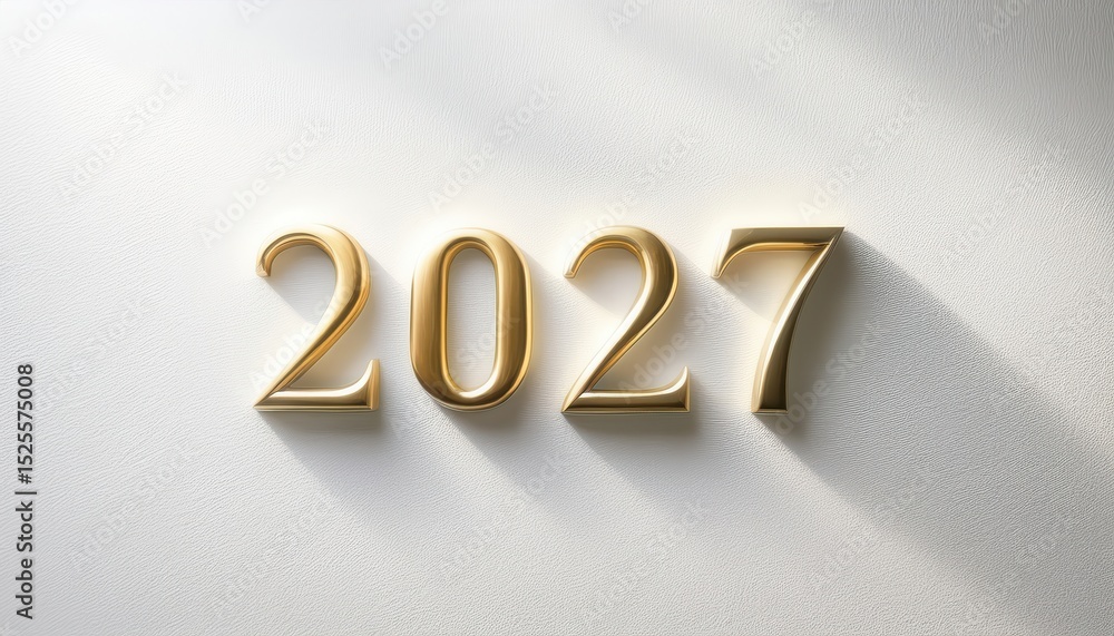 Poster elegant 2027 gold number typography with layered metallic texture and soft shadows on white textured