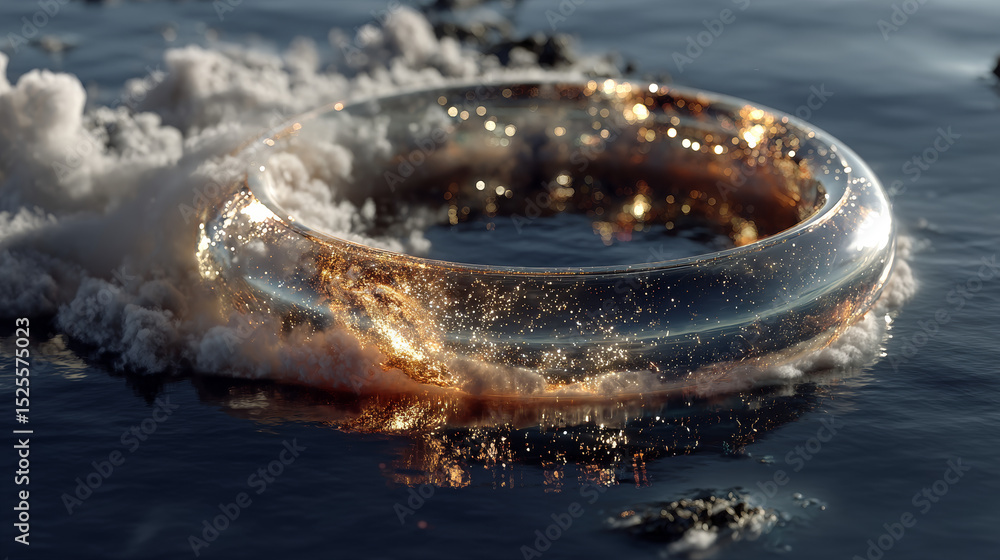 Aufkleber circle frame with smoke and flying particles on water surface. round white glowing border among soft
