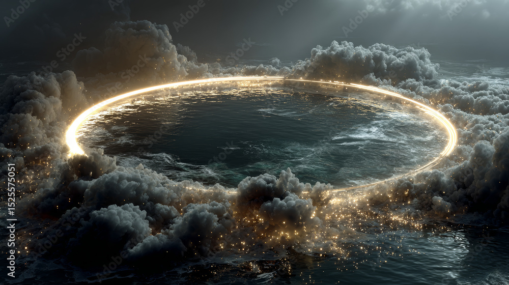 Aufkleber circle frame with smoke and flying particles on water surface. round white glowing border among soft