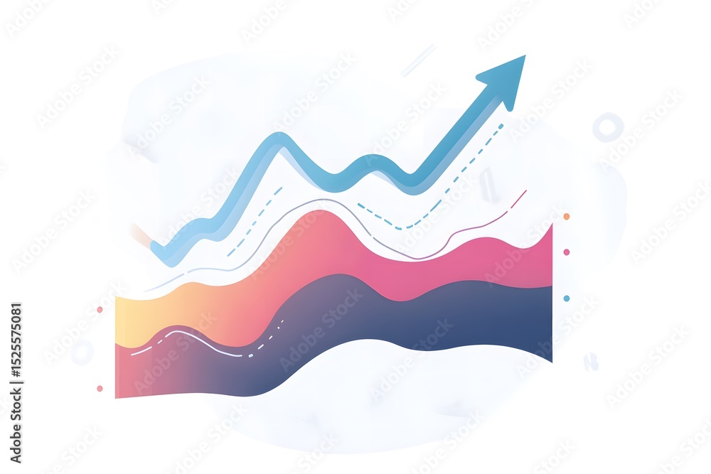 Poster colorful abstract illustration depicting upward trend in data visualization with flowing lines and a