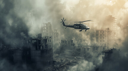 Fototapeta premium A gritty, hyper-realistic scene showing an army helicopter flying over an abandoned city devastated by war, with ruined buildings, thick dust clouds, and rising smoke, emphasizing the destruction and 