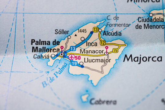 Majorca island with cities and roads map closeup.