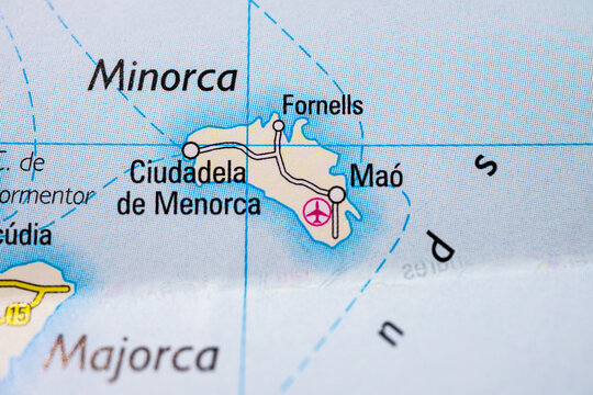 Detailed map of Minorca with cities and airport.