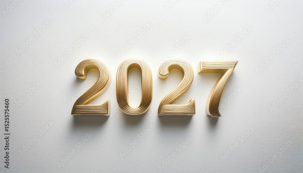 Poster elegant 2027 gold number typography with layered metallic texture and soft shadows on white textured