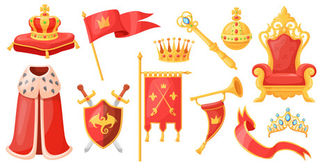 Monarchy attributes. King or queen coronation staff, golden crown scepter orb royal throne ceremonial pillow royalty robe fanfare luxury gold award cartoon neat vector illustration © ssstocker