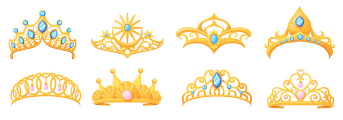 Cartoon tiara. Princess gold diadem with diamond, queen golden crown royal girl tiaras female jewelry wedding accessory royalty corona gem, diadems set neat vector illustration