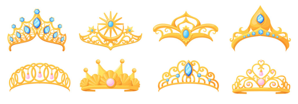 Cartoon tiara. Princess gold diadem with diamond, queen golden crown royal girl tiaras female jewelry wedding accessory royalty corona gem, diadems set neat vector illustration