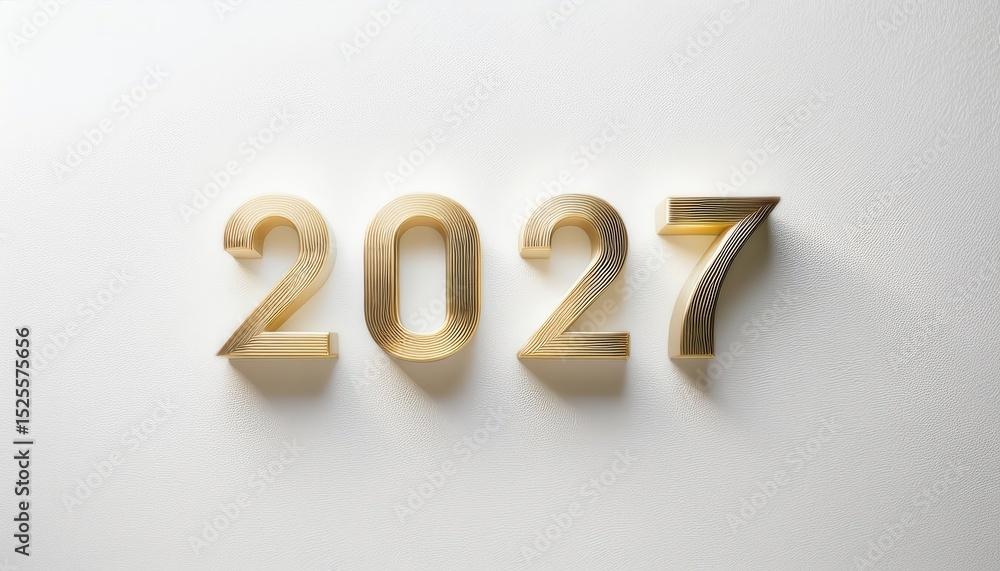 Poster elegant 2027 gold number typography with layered metallic texture and soft shadows on white textured wall background for calendar, branding, header, or digital greeting card design

