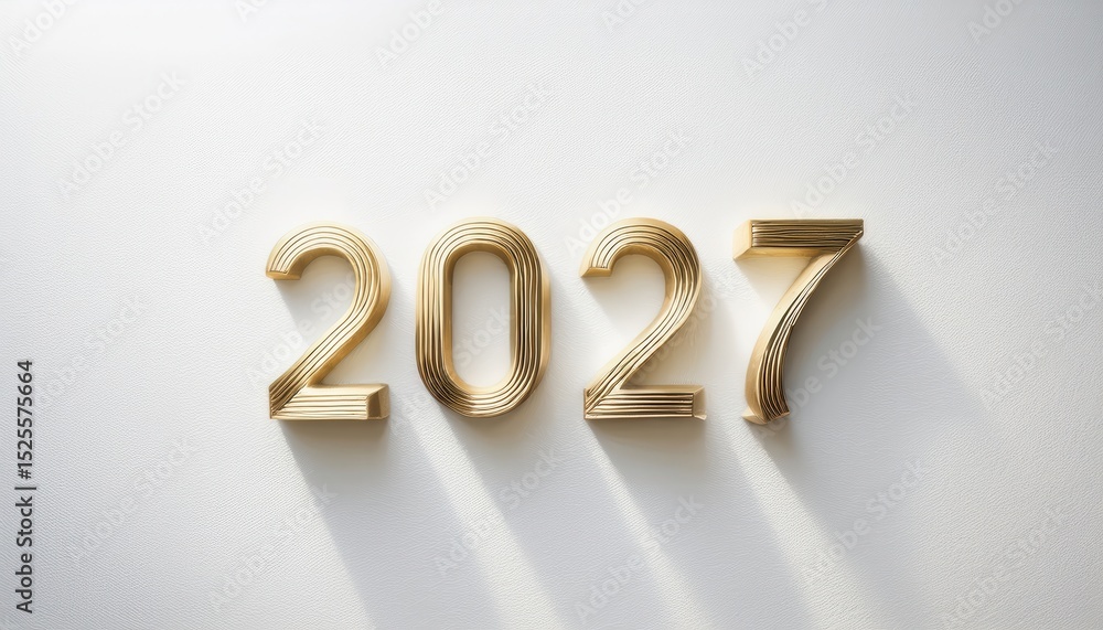 Poster elegant 2027 gold number typography with layered metallic texture and soft shadows on white textured wall background for calendar, branding, header, or digital greeting card design

