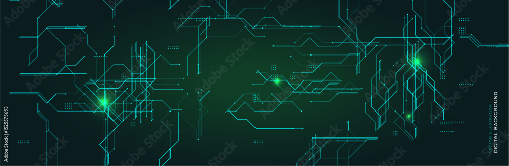 Aufkleber Futuristic digital background with glowing lines and circuit elements. Ideal for technology, data, and cybersecurity themes. Hightech style with green light abstract design. Vector illustration