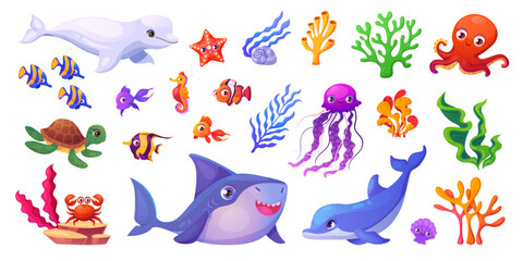 Childish underwater animals set. Sea ocean inhabitant animal, tropical fish with algae coral marine world under water life dolphin jellyfish octopus, swanky vector illustration © ssstocker