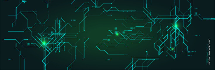 Futuristic digital background with glowing lines and circuit elements. Ideal for technology, data, and cybersecurity themes. Hightech style with green light abstract design. Vector illustration