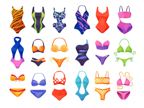 Women swim underwear. Female swimsuit bikini, woman lingerie sea swim summer vacation travel sun bathing clothes swimwear underware beach pool, cartoon swanky vector illustration