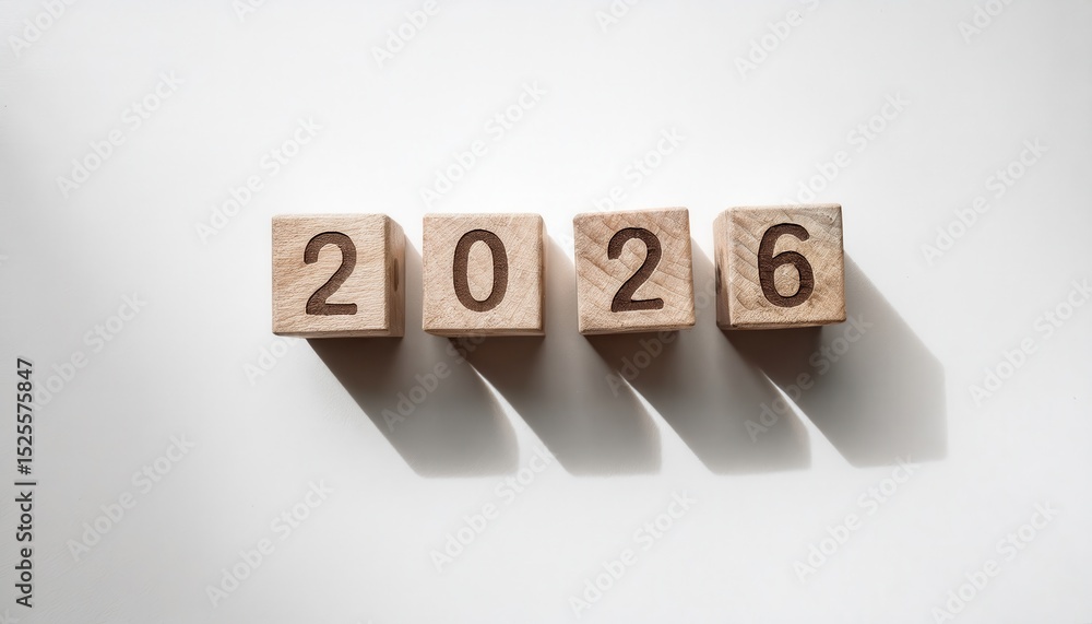 Poster natural wood block number 2026 on white textured background with long soft shadow in morning light f