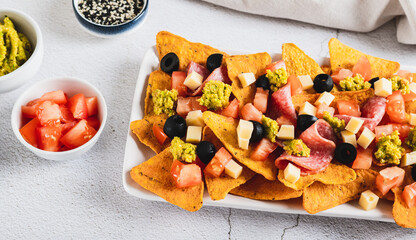 Appetizer plate with nachos, salami, cheese, tomato and black olives web banner