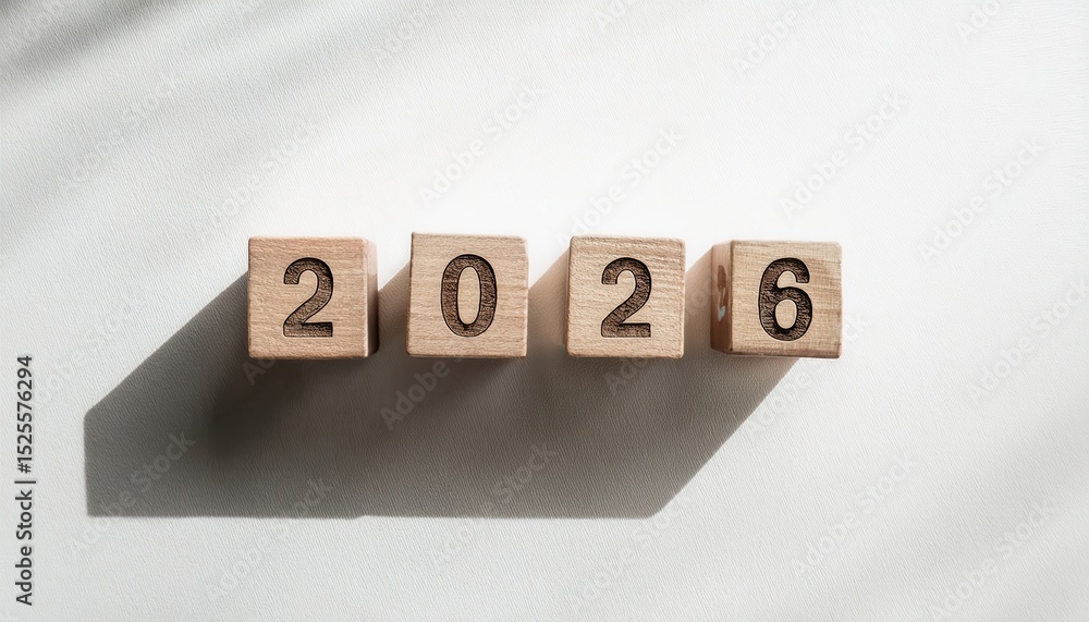 Poster natural wood block number 2026 on white textured background with long soft shadow in morning light f
