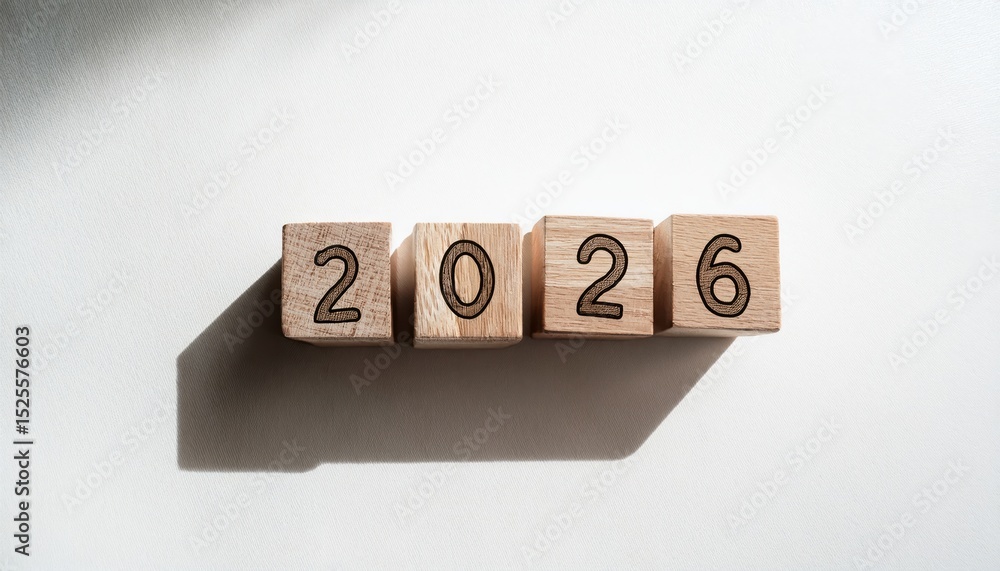 Poster natural wood block number 2026 on white textured background with long soft shadow in morning light f
